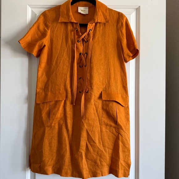Anthropologie Maeve Lace-Up Linen Dress in Mango size 00P - Picture 2 of 12